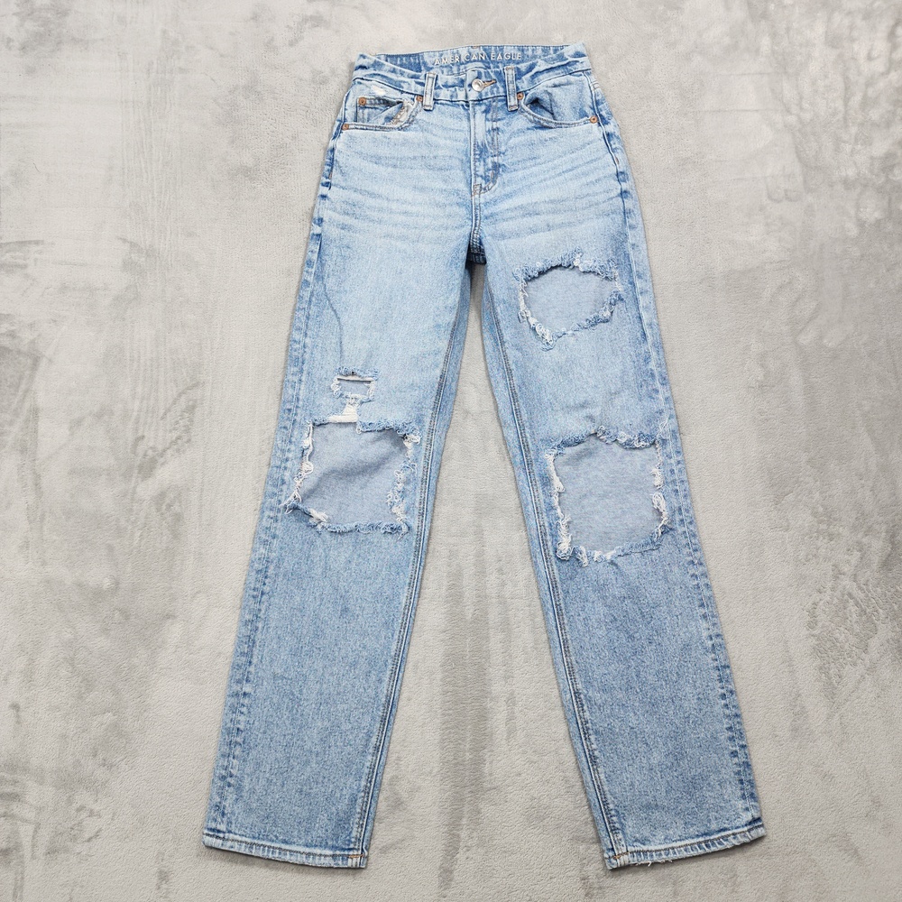 American Eagle Jeans Womens 00 Blue Curvy 90s High Rise Straight Distressed